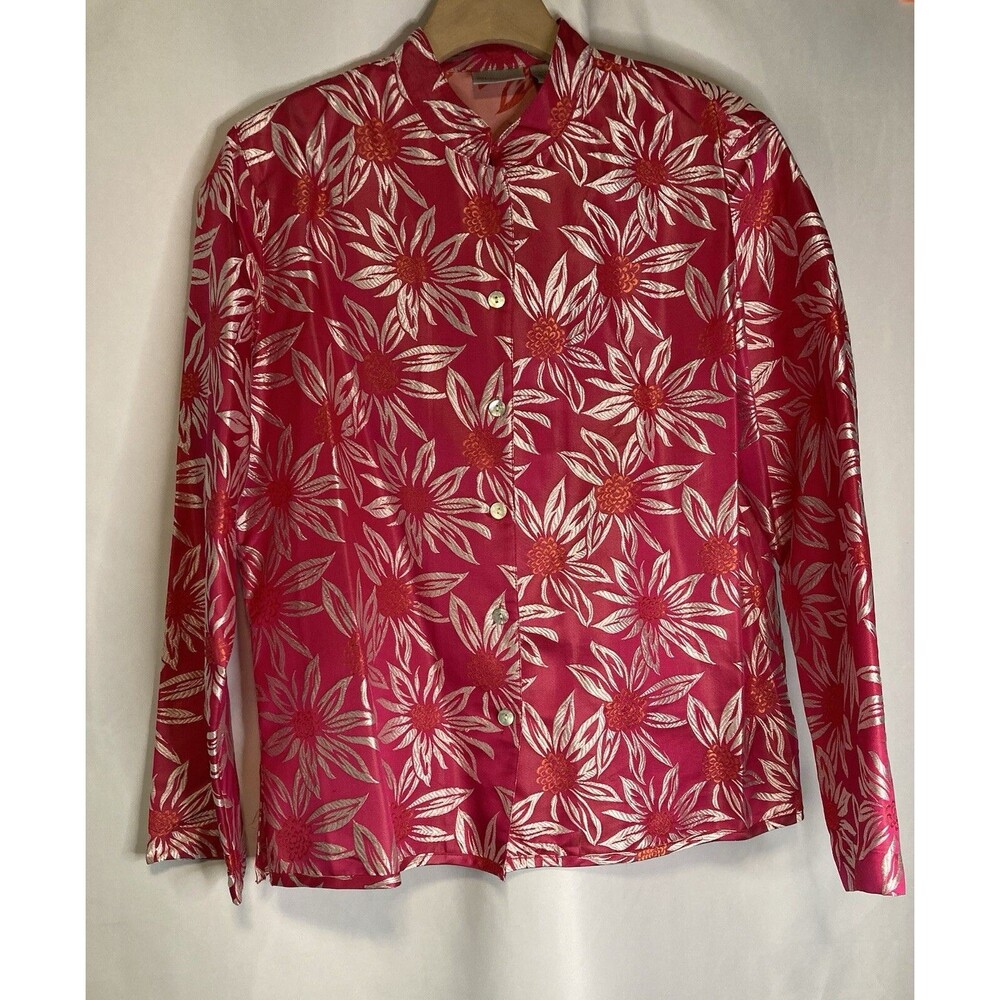 Chico’s Silk Blend Button Top Blouse Hawaiian Tropical Floral Sz 1 Hot Pink Chic